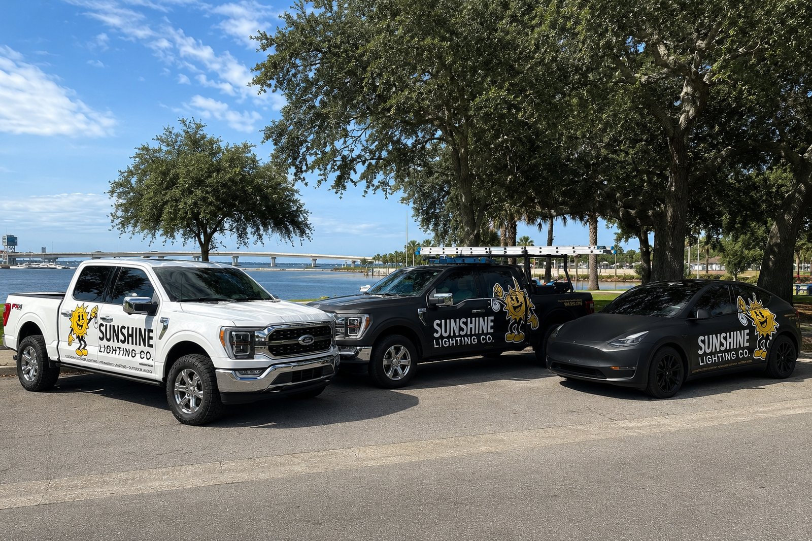 Sunshine Lighting Co. branded fleet vehicles parked along the water in Jacksonville