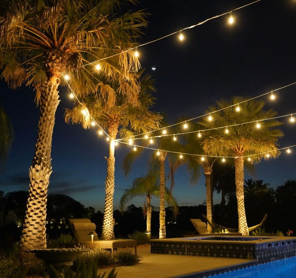 String lights over a pool and palm trees at dusk