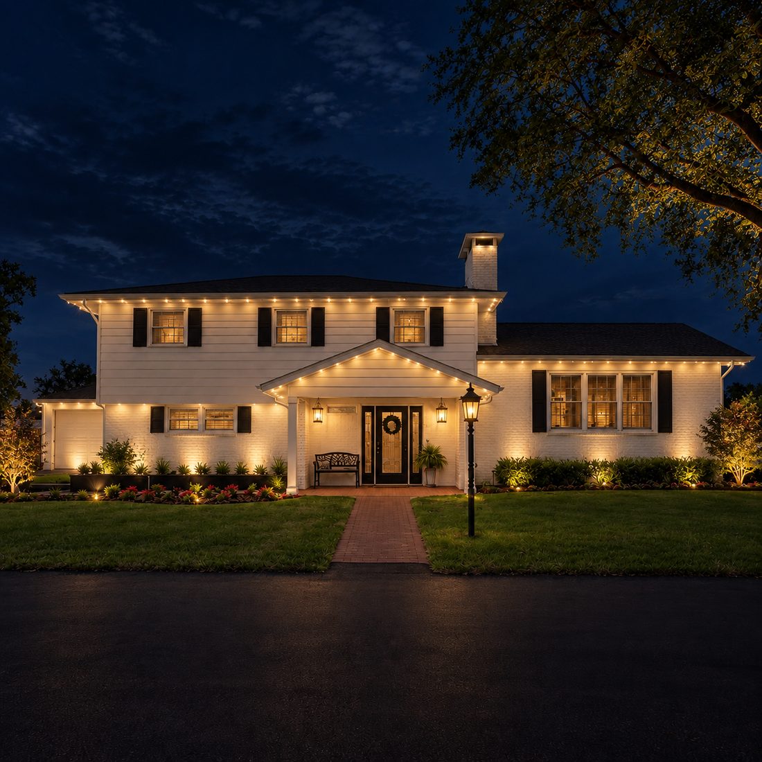 The same home at night with permanent lights along every roofline and landscape uplighting across the front